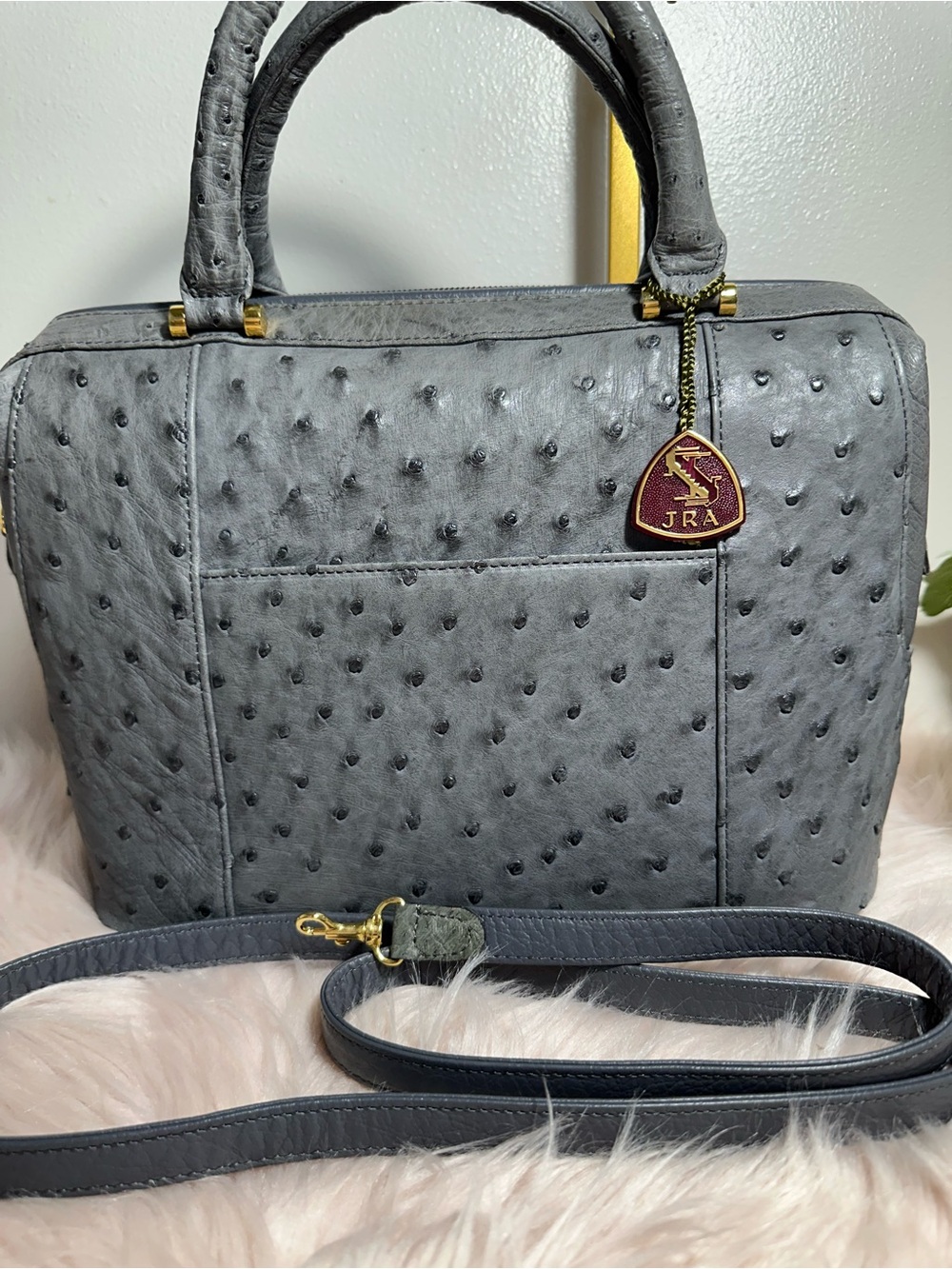 Gray Ostrich-Leather Satchel Bag